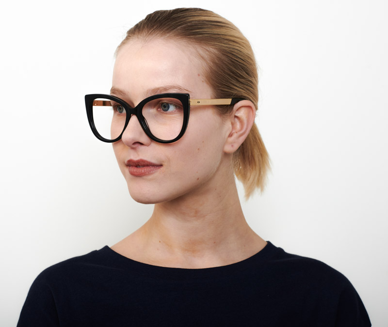 Alexis Amor Inez frames in Gloss Piano Black Mirror Gold